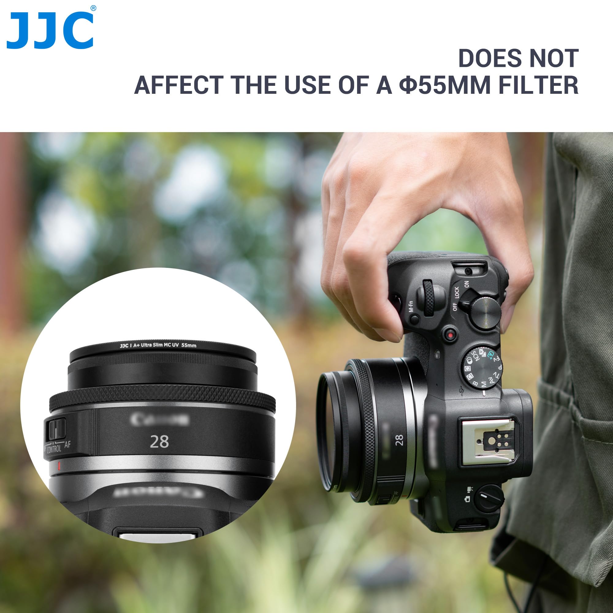 JJC Paraluce rotondo in metallo per obiettivo Canon RF 28 mm f/2.8 STM con cappuccio filettato – sostituisce Canon EW-55 (55 mm)