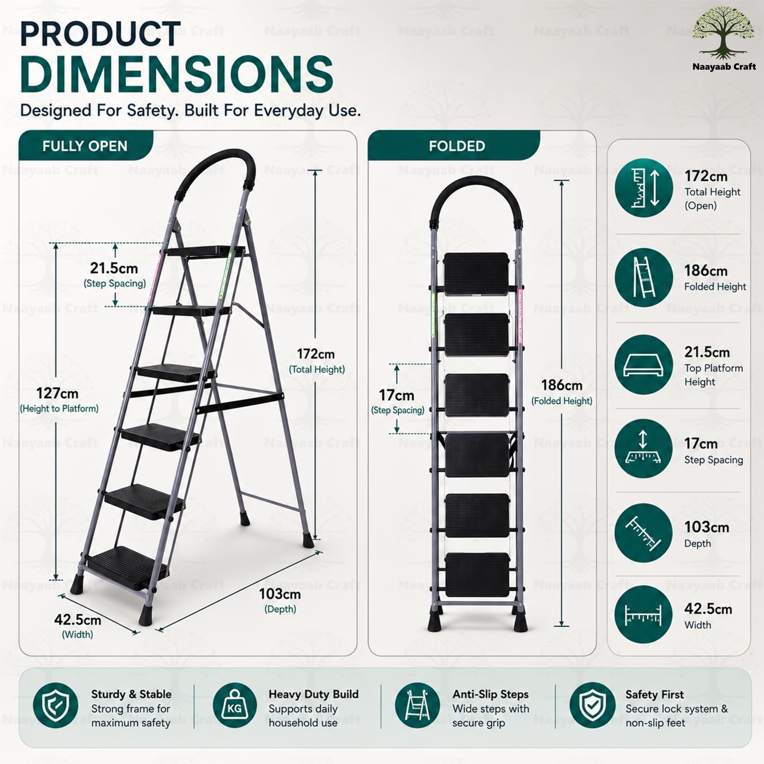 Naayaab Craft Folding Step Ladder - Heavy Duty & Portable -5