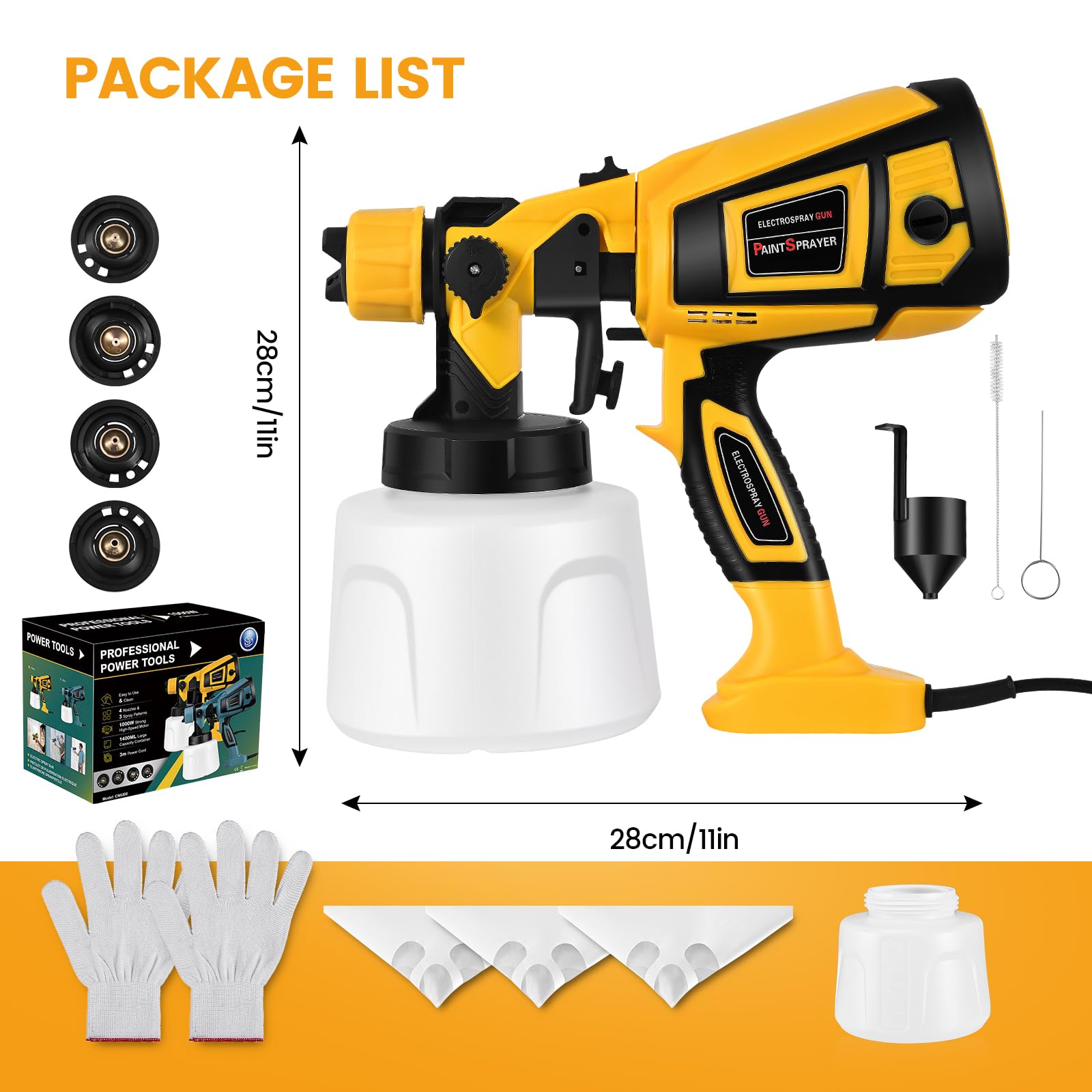 Pistolet a Peinture, 800W Pistolet a Peinture Electrique, 1400ml HVLP Pistolet Peindre avec 5 Buses et 3 Motifs, pour Meubles, Armoires, Clôture, Plafonds, Murs, Porte, Jaune