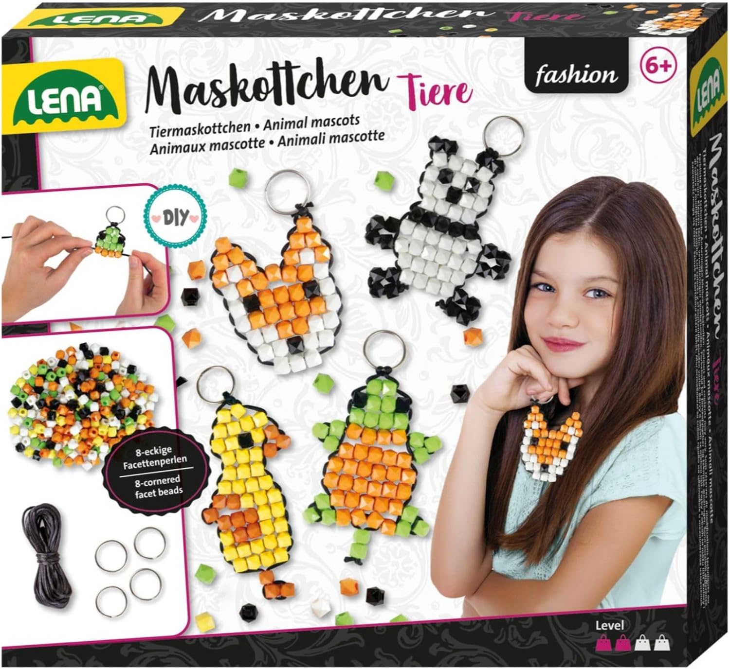 Lena 42547 Mascot Animals Mascot Pearl Animals Craft Set from 6 Years, with 250 x Craft Beads and 4 x Key Rings, Key Ring with Beads Craft