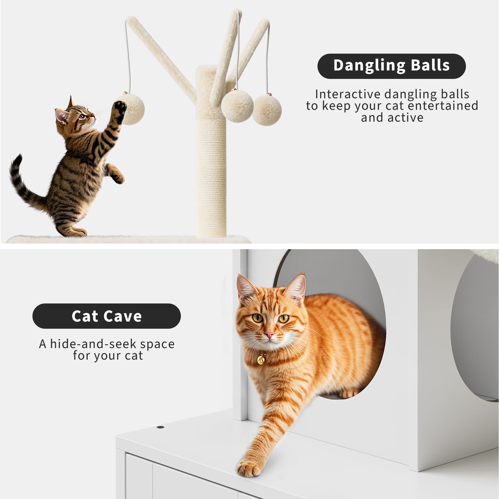 Möbel für Katzentoilette mit Kratzbaum aus Holz, Abdeckung für Katzentoilette und Kratzbrett, kombiniert, 2-in-1, mit integrierter Hütte & Kuschelplattform, modernes Katzenmöbel für Spielzeug und