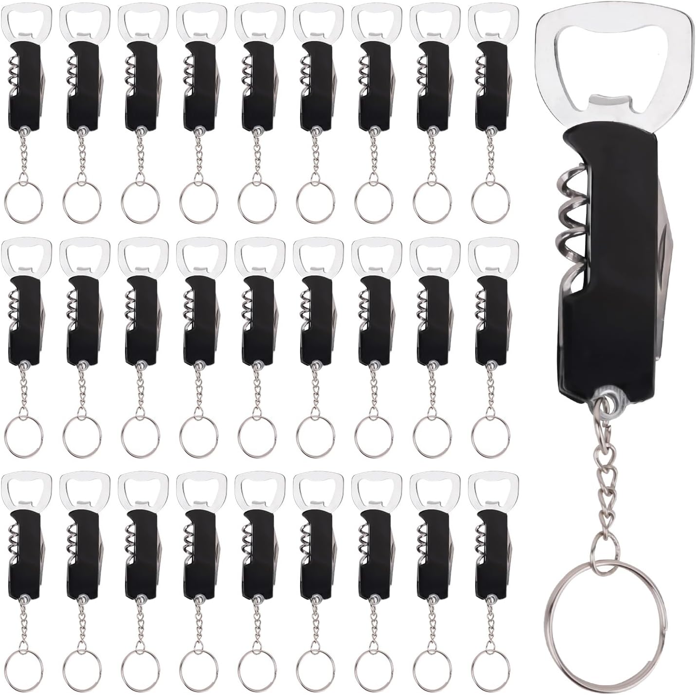 28 Pcs Wine Bottle Opener Bulk, 3.27" Stainless Steel Beer Bottle Openers with Keychain, Waiter Corkscrew Wine Key for Bar, Restaurant, Beverages, Home Party (Black)