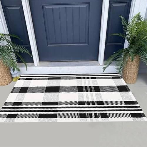 Wellcome - Alfombra tejida a mano para cuarto de baño, dormitorio, alfombra tejida de algodón, para lavandería, pasillo, cocina, color negro y