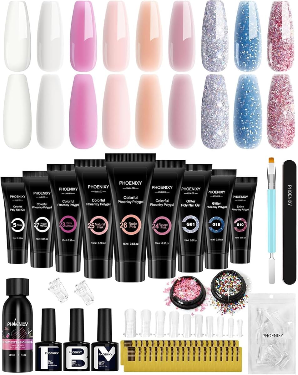 Phoenixy Poly Nail Gel Kit, 15Ml 9 Colours Extension Set Builder Enhancement Starter Kit With Slip Solution Basic Manicure Tools Gifts For Women