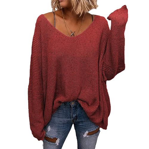 BZB Women's V Neck Long Sleeve Knit Loose Oversized Pullover Sweater - Small Red