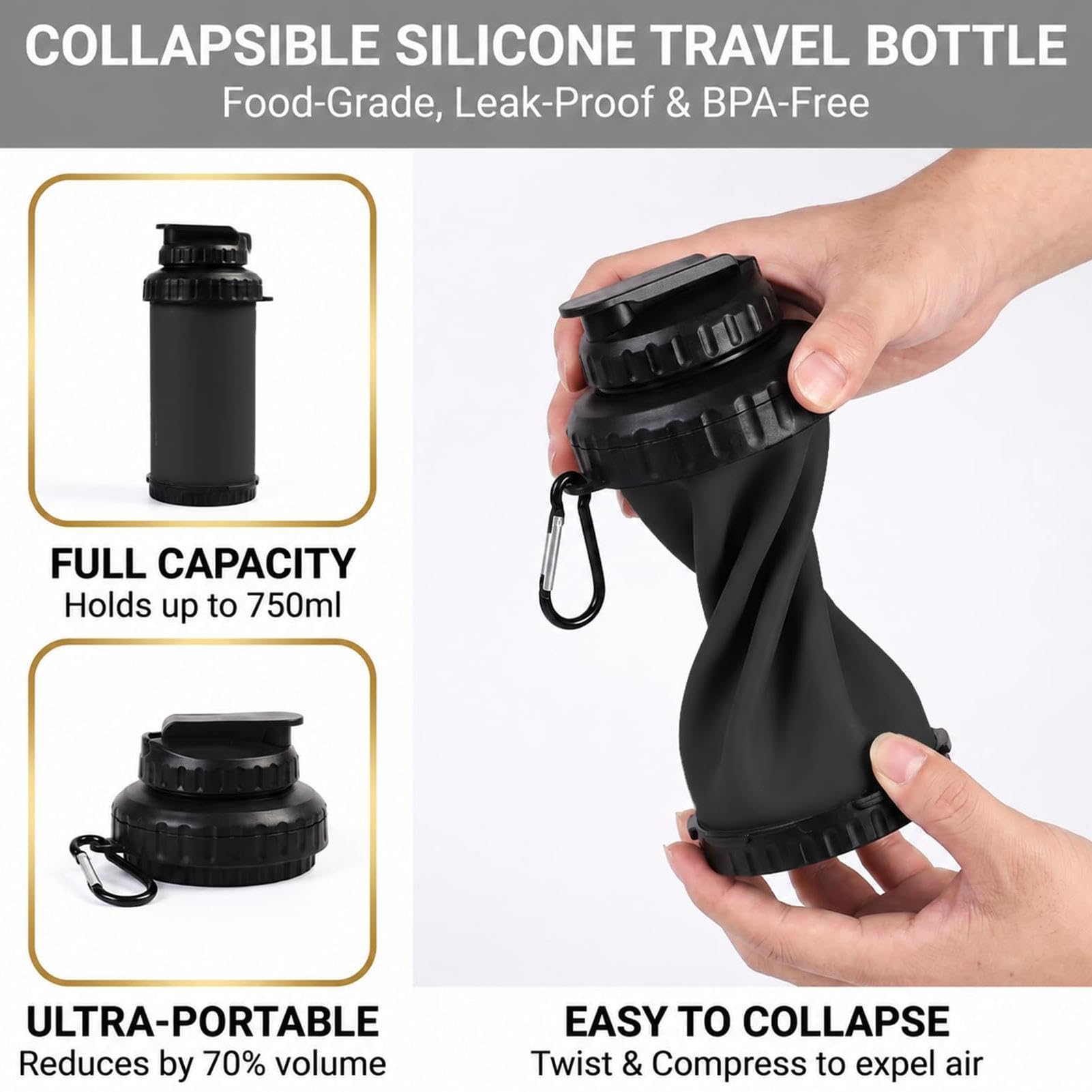 Bouteille d'eau en silicone anti-fuite de 750 ml avec paille | Bouteille d'hydratation légère et pliable pour randonnée, camping, randonnée, cyclisme, course à pied, escalade, gym