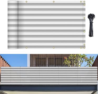 Bynbbur 3 x 12 Balcony Privacy Screen Apartment Deck Railing Fence Lattice Panels for Outside, UV Block Shade Cloth with Grommets, Mesh Fencing Cover for Patio Backyard Porch, Gray and White Stripe
