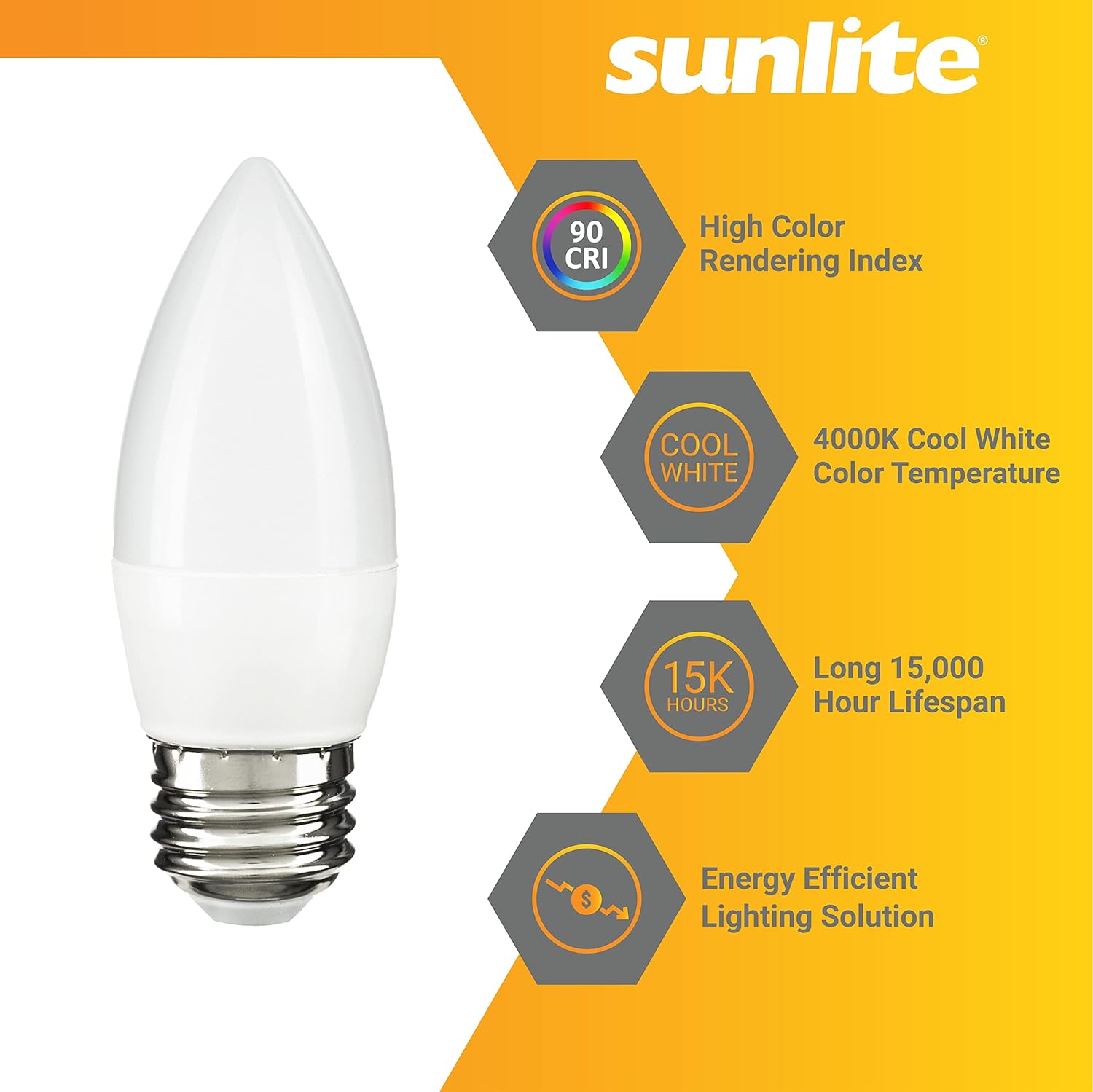 Sunlite LED B13 Torpedo Decorative Chandelier Light Bulb, 7 Watts (60W=), 500 Lmns, 120 Volts, Dimmable, E26 Base, 90 CRI, ETL Listed, Torpedo Frosted, Title-20, 4000K Cool White, 6 Pack