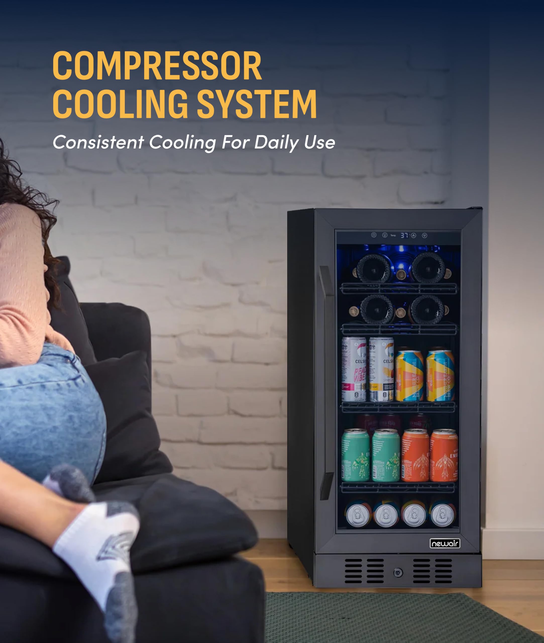 NewAir 15" Single Zone Beverage & Wine Fridge | Beverage & Wine Refrigerator For 33 Bottles / 80 Cans | Freestanding Or Built-In Under Counter Mini Fridge For Beer, Wine & Soda | Black Stainless Steel on Fridge.com - View 6
