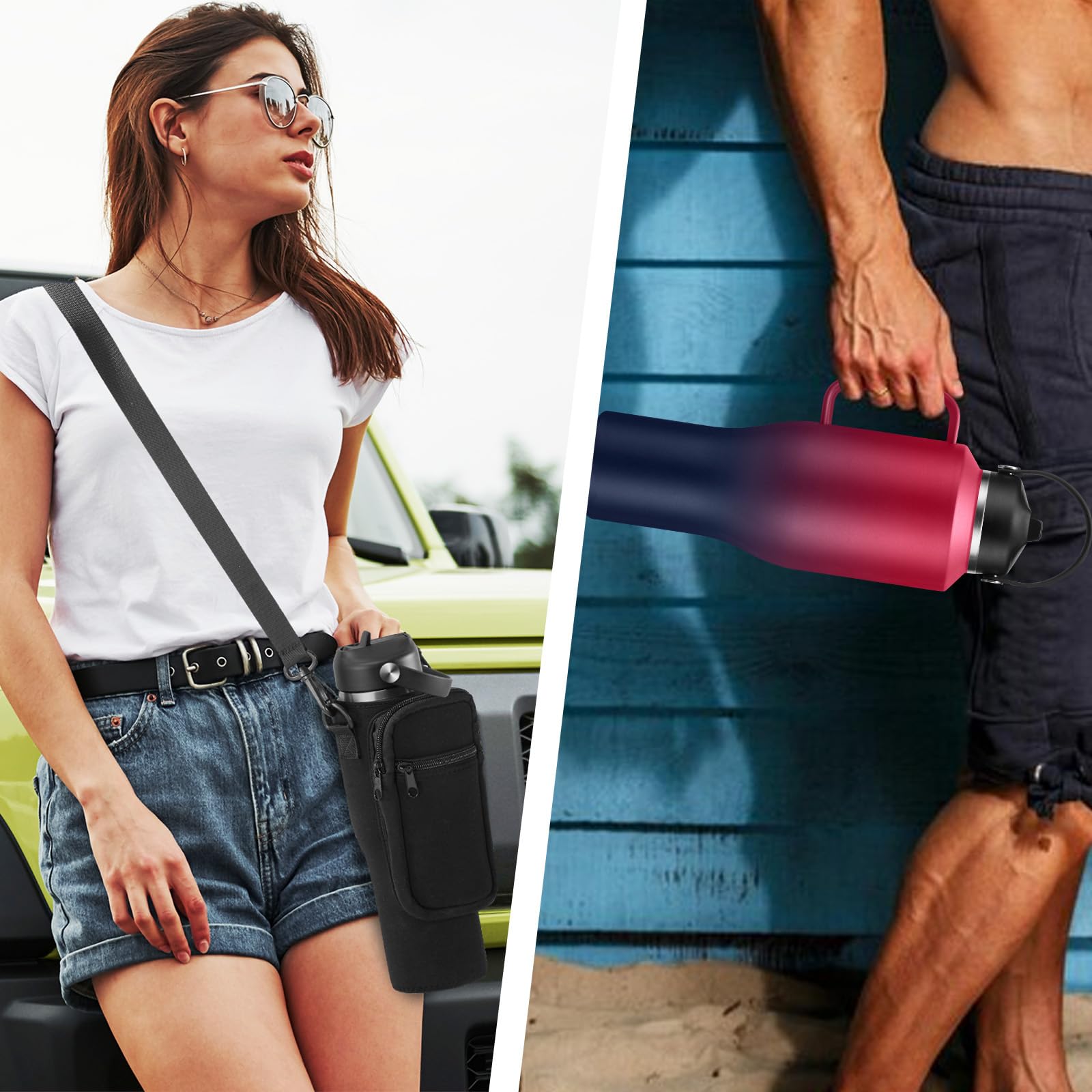 Vaso de 40 onzas con asa, botella de agua aislada con popote, tapa de boquilla automática, bolsa de transporte, termo de metal morado, taza de café de viaje para portavasos de automóvil,