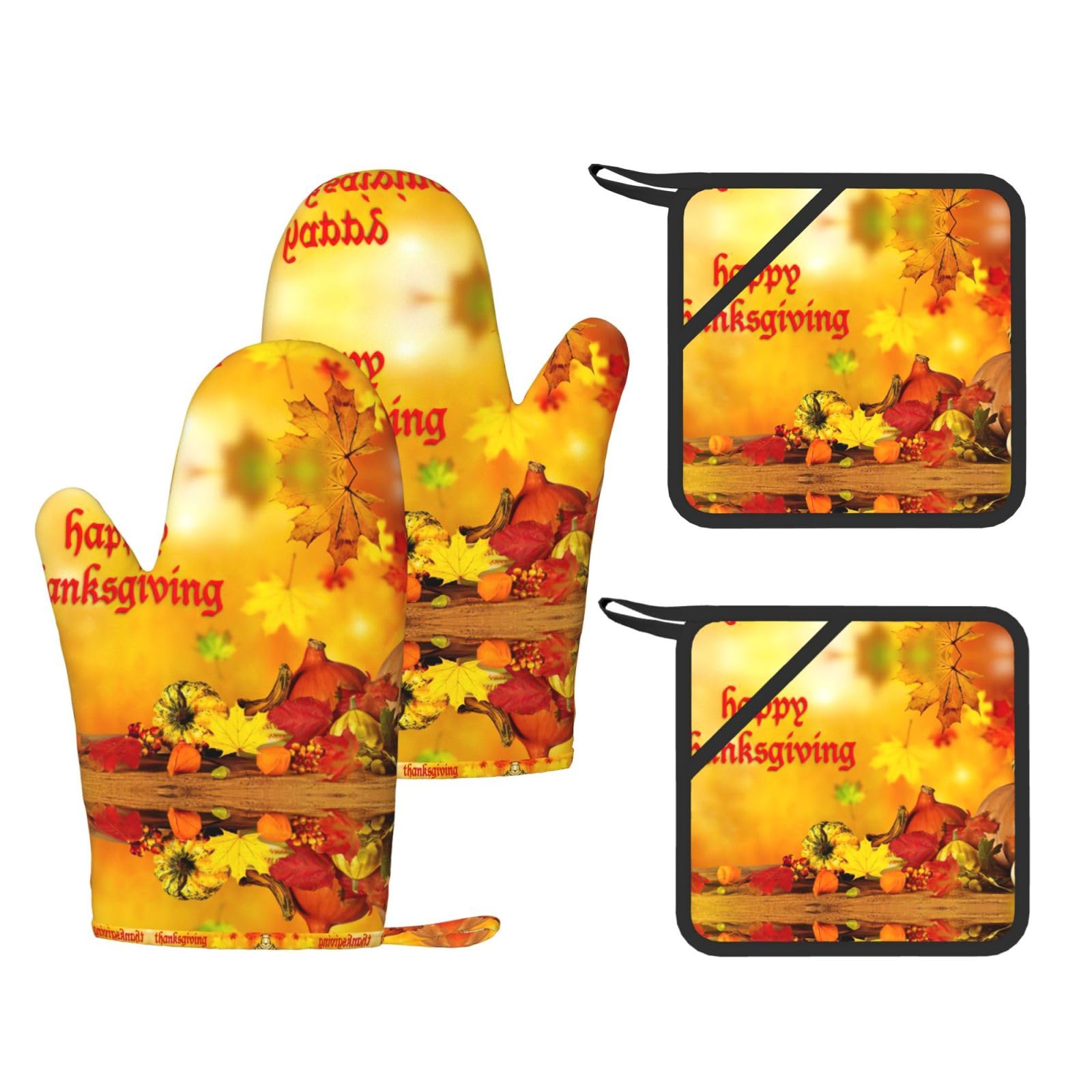 Happy Thanksgiving Trendy Printed Kitchen Set with Heat Resistant Gloves & Non-Slip Hot Pads for Baking & Grilling