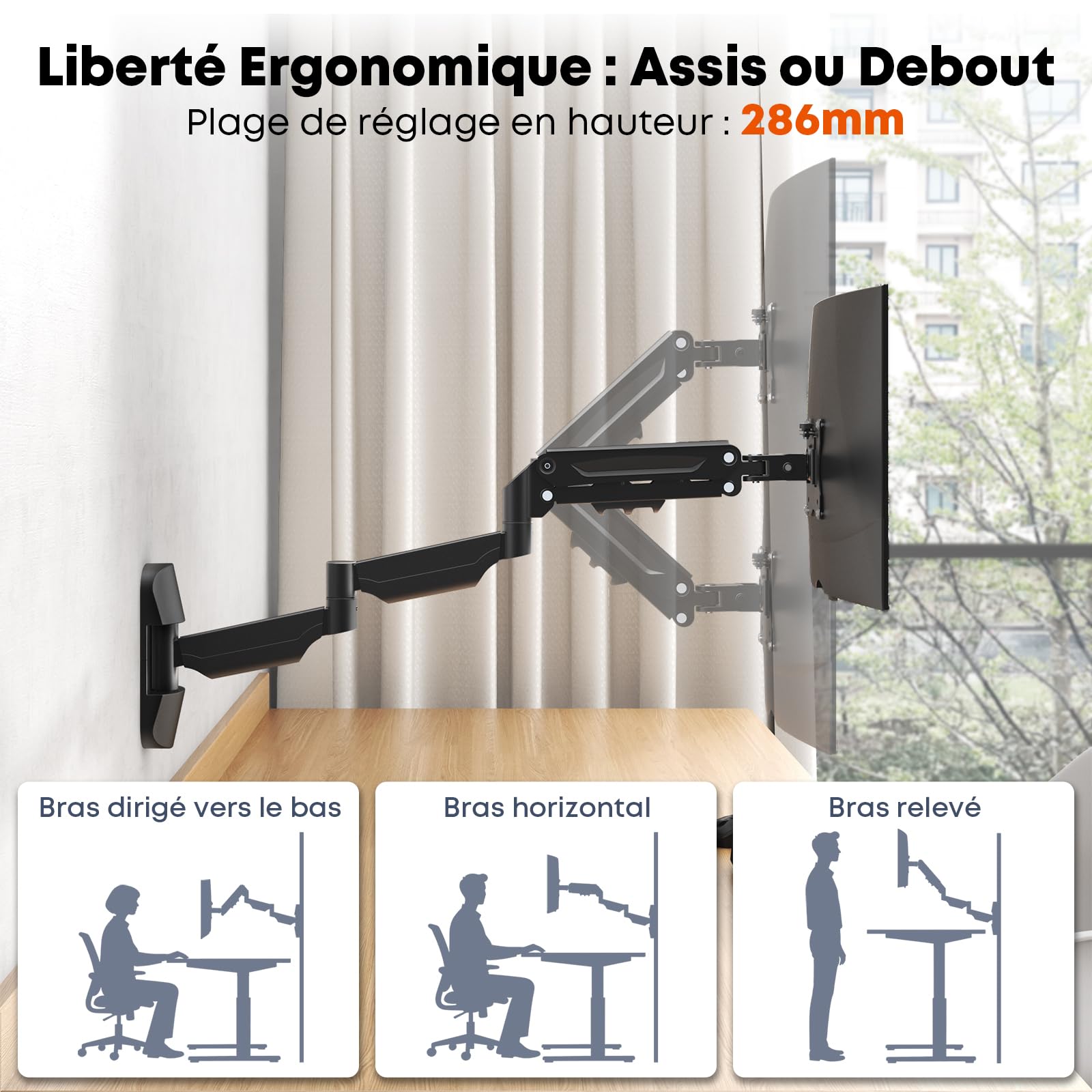 Support mural pour écran de 17 à 32" – Bras mural extra long, support mural Vesa entièrement réglable, VESA 75 x 75/100 x 100, peut supporter jusqu'à 9 kg, noir