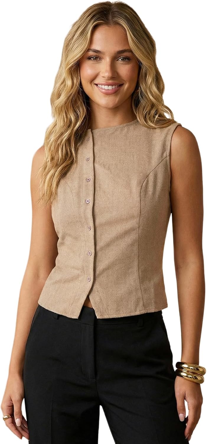 Women's Button Up Vest Dressy Casual Crew Neck Sleeveless Waistcoat Summer Work Office Tops