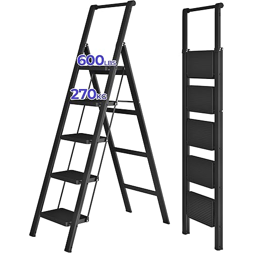 JOISCOPE 5 Step Ladder, Foldable Step Stools for Adults with Wide Anti-Slip Pedal, 600lbs Lightweight Sturdy Steel Ladder,Convenient Handgrip,Portable Folding Ladder for Home Kitchen Office,Black