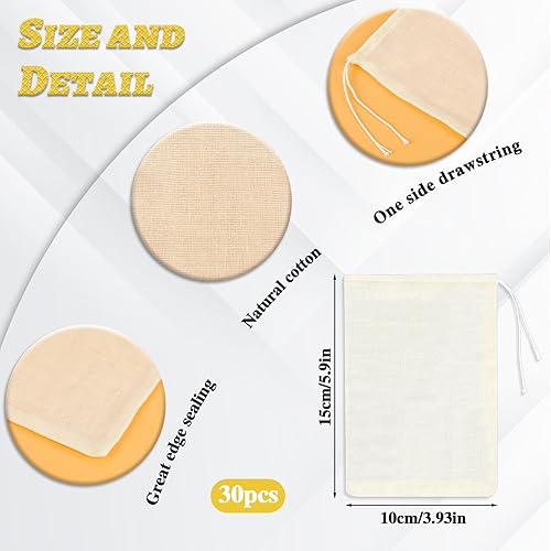 Miniatura 3 de Bolsas de especias para cocinar reutilizables, 30 bolsas de té de muselina con cordón, bolsas vacías de tela de queso para especias de 4 x 6 pulgadas