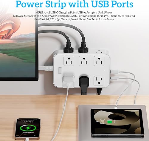 Miniatura 3 de Regleta protectora contra sobretensiones, cable de extensión de 5 pies con 12 salidas de CA, 6 puertos USB, enchufe plano, extensor de salida de 3