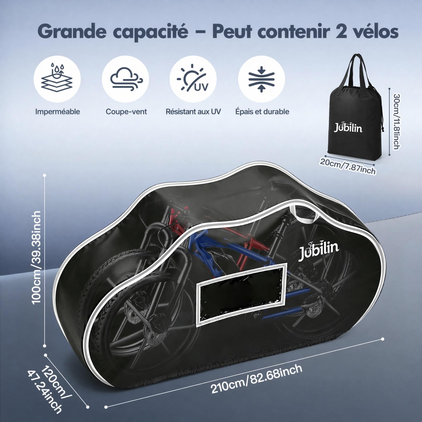Housse de vélo pour 2 vélos, 900D, imperméable et indéchirable, avec corde élastique de 6 m, bandes réfléchissantes en PVC, poche de plaque d'immatriculation, housse de protection pour porte-vélos