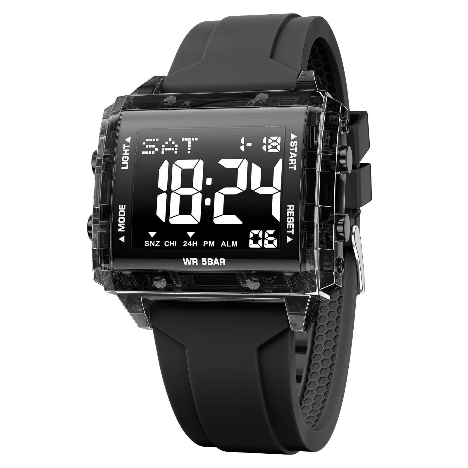 KXAITO Digital Sports Watch, Square Case 44mm, LED Night Light Display, 5ATM Waterproof, Silica Gel Band, Alarm Chronograph Stopwatch, Gift - 2