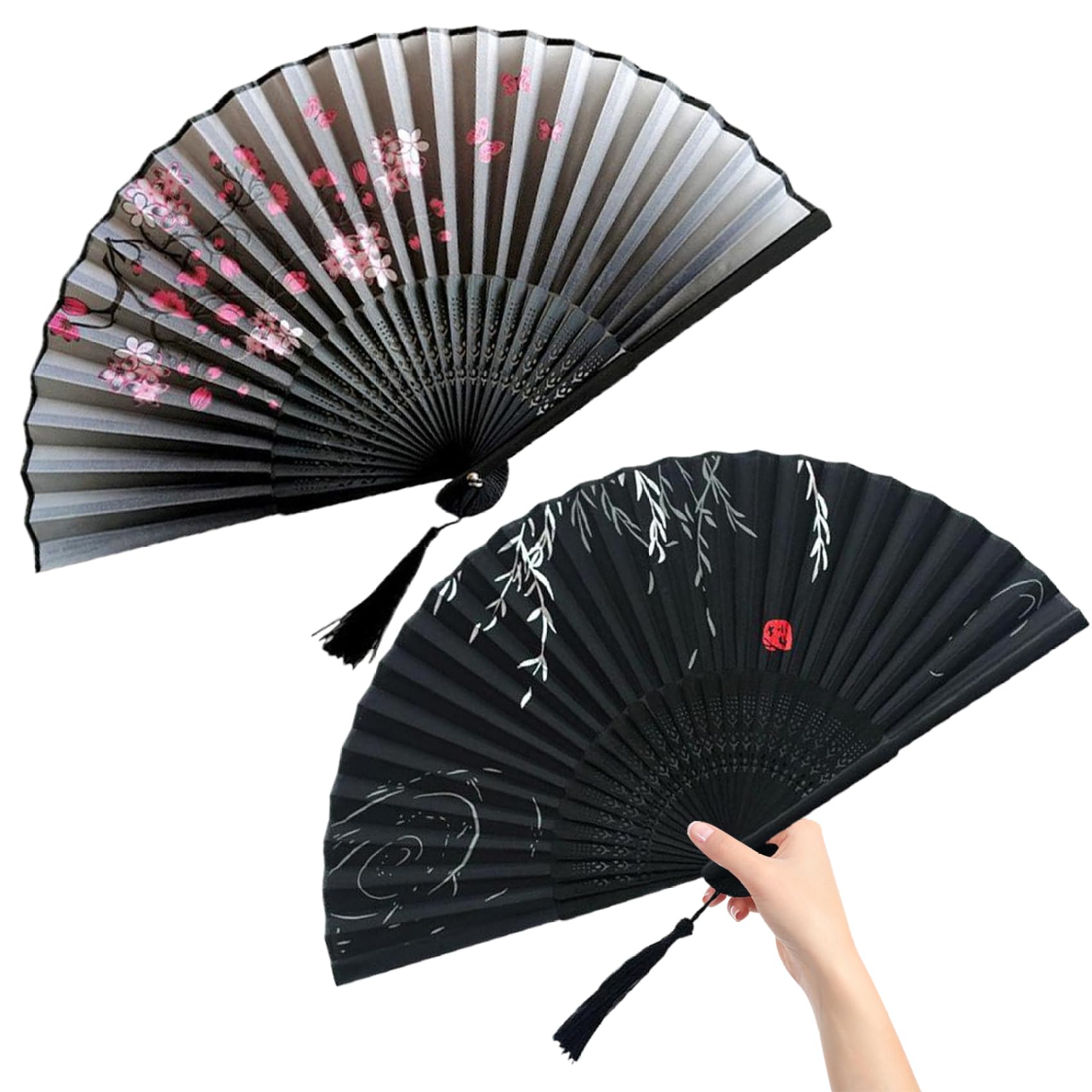 DAGLLGEW 2Pcs Folding Hand Fan 2 Styles Chinese Fan Silk Cloth Bamboo Hand with Tassel Hollowed Carving Handheld for Dance Performance Wall Decoration