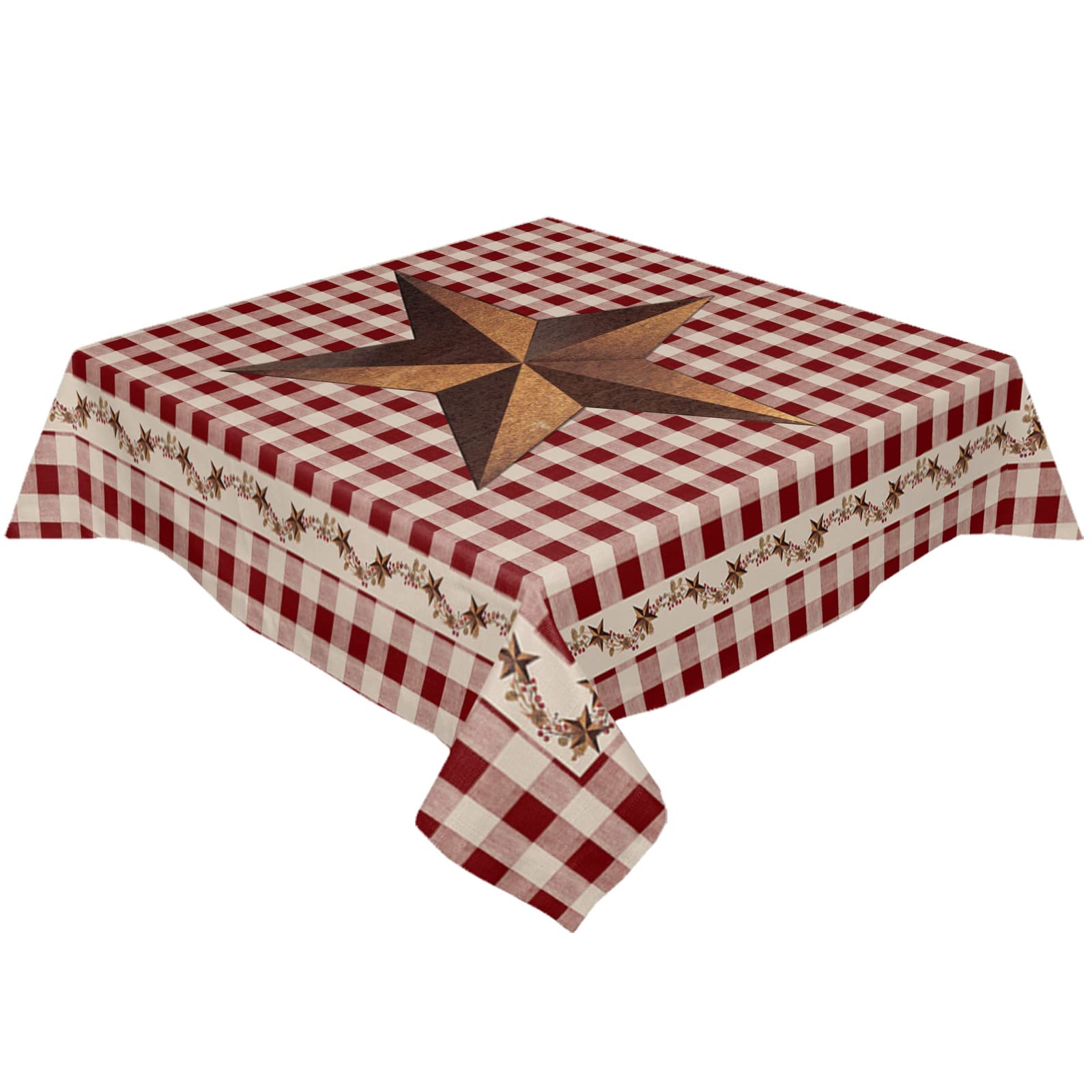 Tablecloth for Round/Square Tables 54 x 54 Inch Rustic Texas Western Star Berries Red Buffalo Plaid Fabric Table Cover Waterproof Washable Table Cloth for Dinning Wedding Party Outdoor Decorative