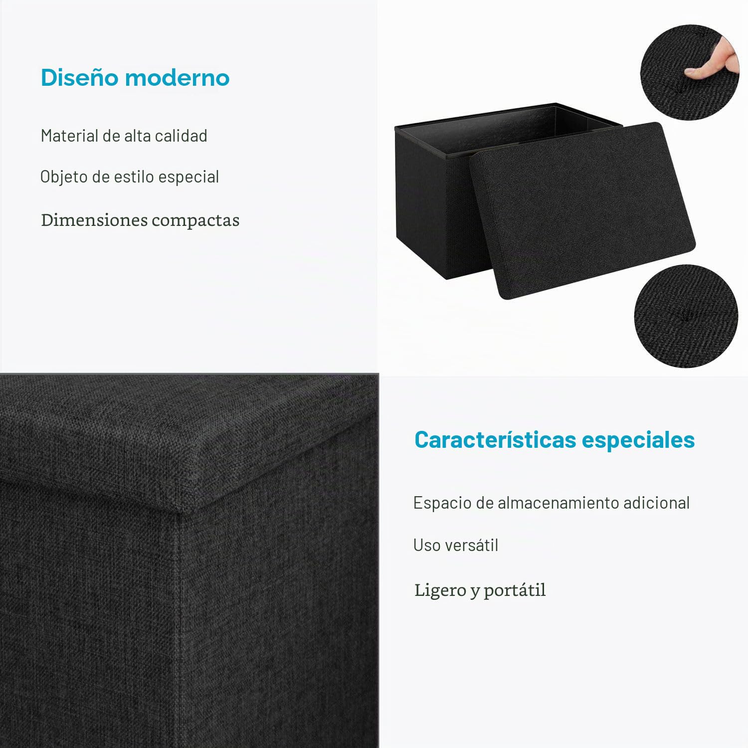 INTIRILIFE Puff Baúl Plegable 78x38x38 cm in Negro Diamante - Taburete Almacenaje Tapizado de Textil Tela Óptica Lino per Almacenamiento y Reposapiés - Asiento Silla Tejido Banqueto