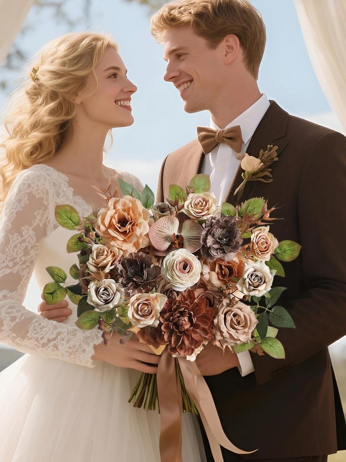 Coffee Artificial Flowers Combo Brown Silk Flowers Fake Roses Dahlia with Stems for DIY Wedding Bridal Bouquets,Table Centerpieces,Cake Floral Arrangement,Baby Shower,Birthday Home Decor - Image 2