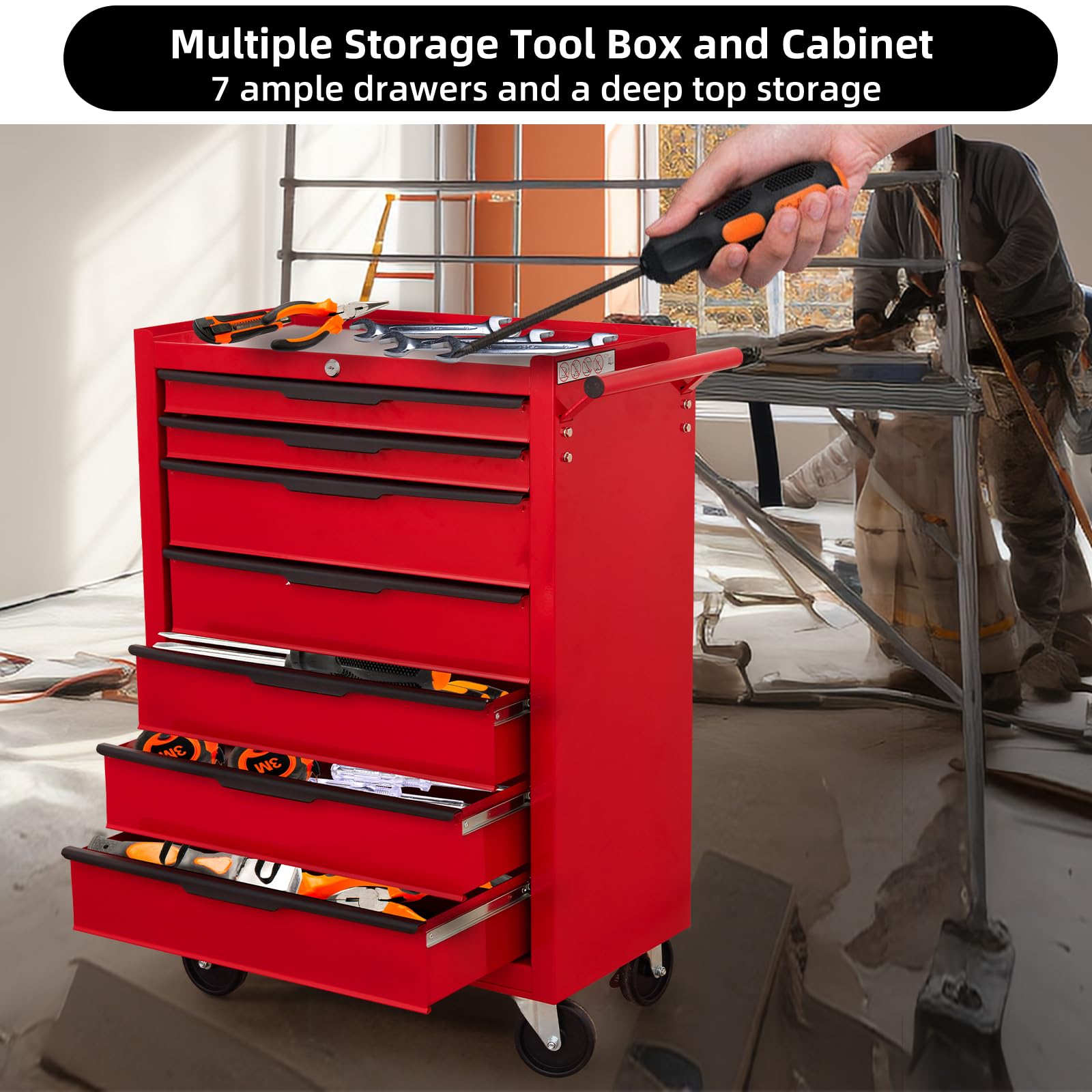 Servante d’Atelier avec 7tiroirs,Caisse à Outils en métal de grande capacité | avec roues et serrure à clé | chariot à outils de rangement roulant pour garage, etabli atelier garage (Rouge, 7 Tiroirs)