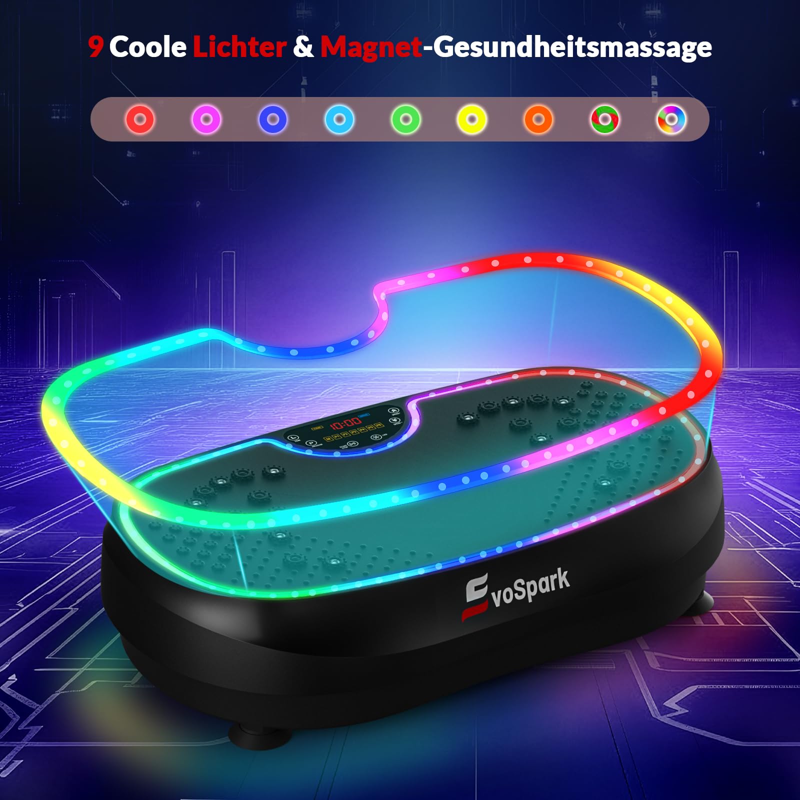 Vibrationsplatte, Vibrationsplatte Testsieger 2026 mit 6+1 Trainingsmodi, 9 coolen LED-Lichtern Vibration Plate für Zuhause, Power Llate mit 200W Bürstenlose Motoren,199 Geschwindigkeiten