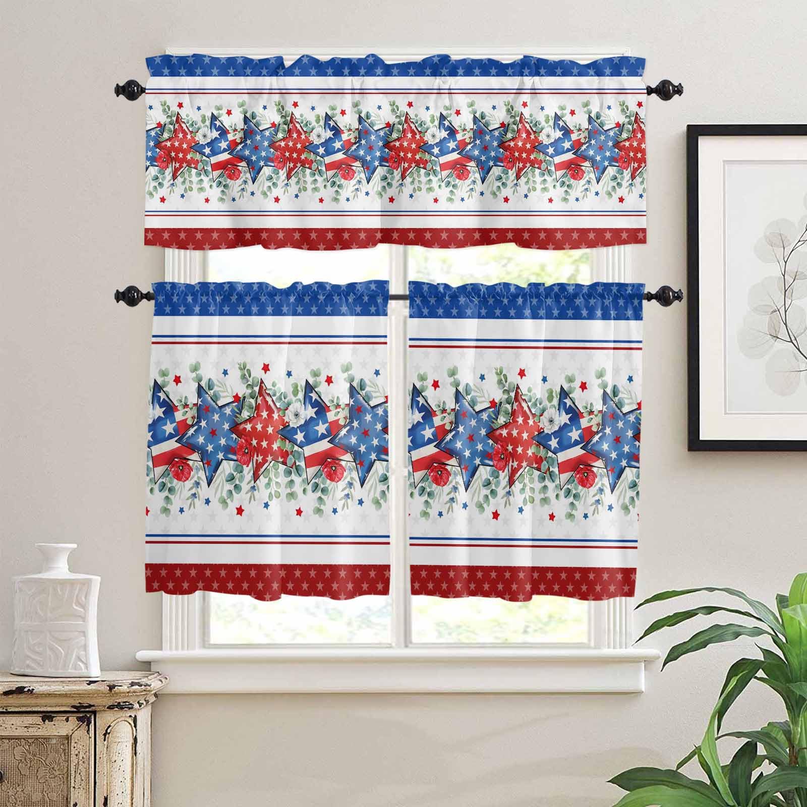 Independence Day Kitchen Curtains 36 Inch Length,3 Piece Rod Pocket Small Half Tiers and Valance Set,Star Stripe Flag Eucalyptus Red Blue Small Large Window Treatment Decor for Bedroom/Bathroom Sink