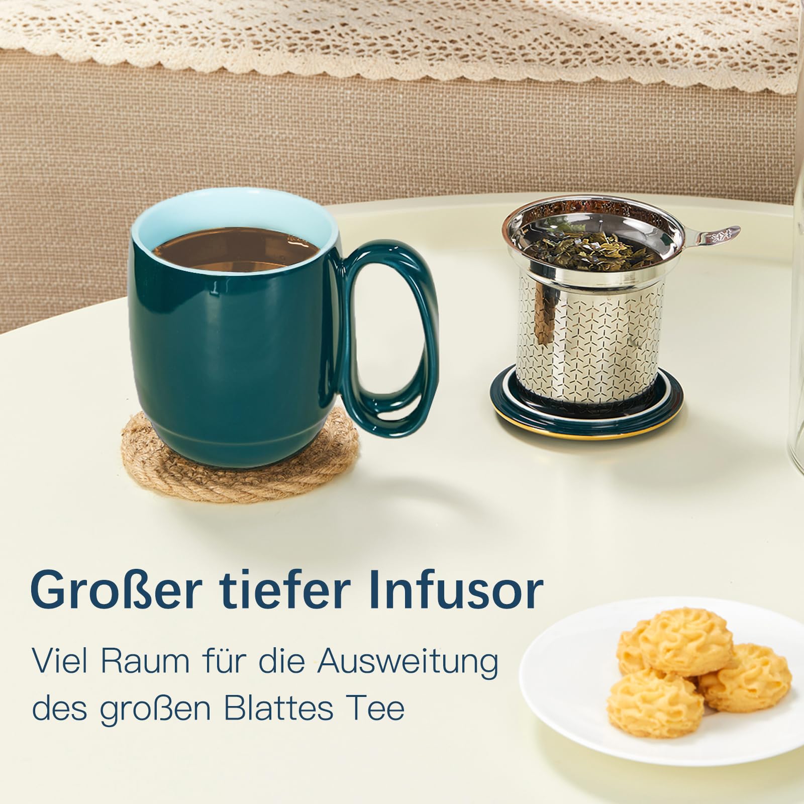 ZENS Teetasse mit Deckel und Sieb, 480ml Große Gewundene Griff Losen Teebecher, Dunkelgrün Glatt Porzellan Teetassen mit Goldbesatz Deckel für Einweichen Tee