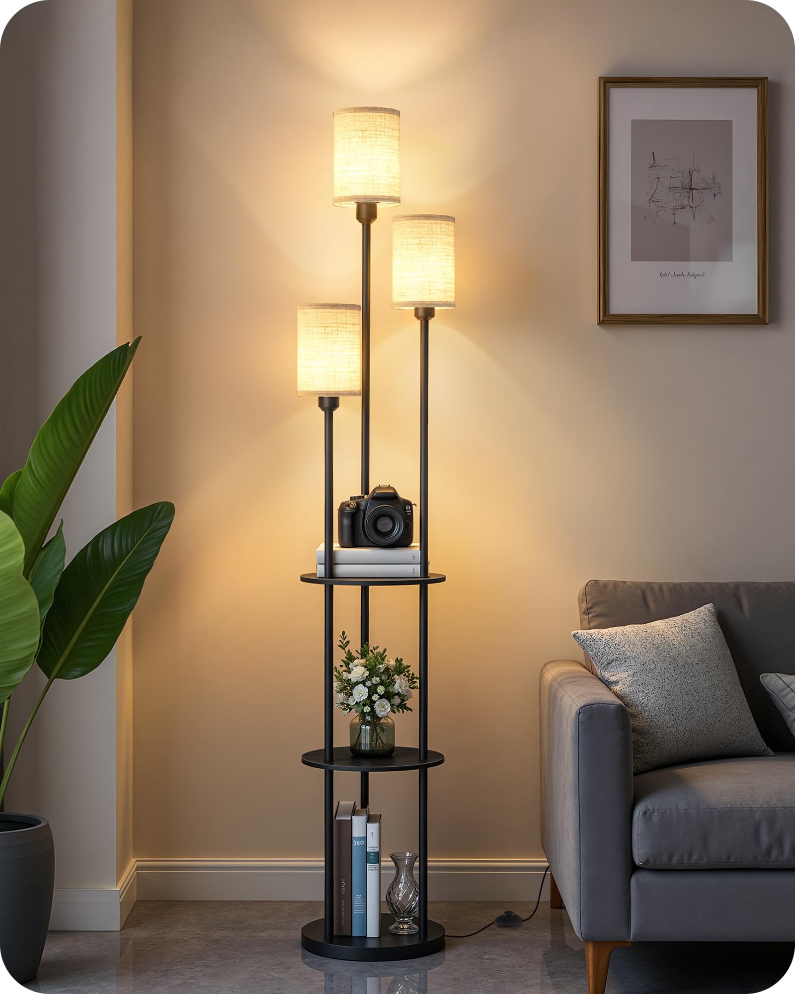GOEBLESON Floor Lamp with Shelves, Industrial Floor Lamp with 3 Linen Shades and Foot Switch, 3-Light Standing Lamp, for Living Room, Bedroom, Study, Black and Beige ZE53LDK05