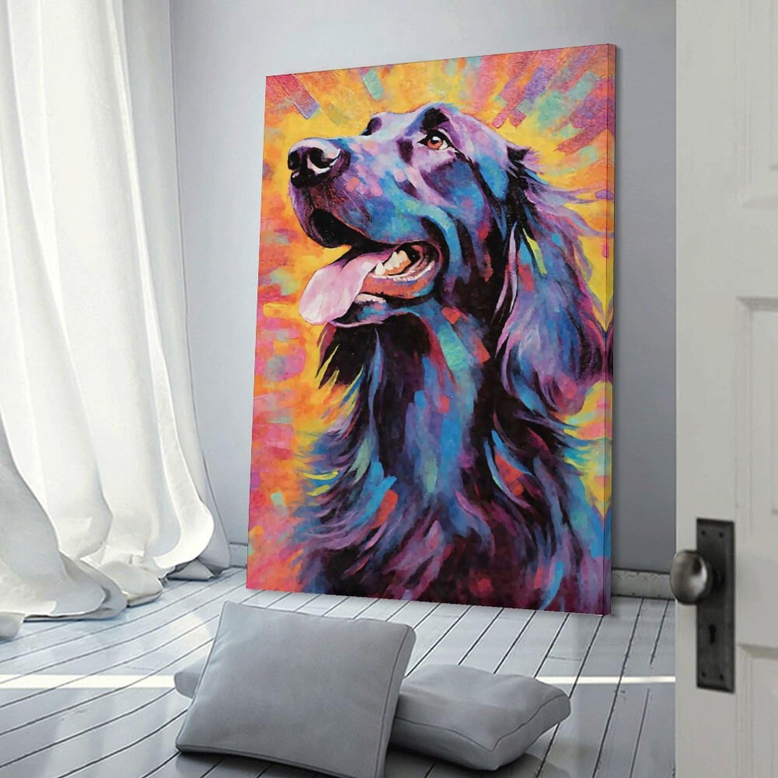 Junmoney Frame-Style-19 Decorative Wall Artwork Colorful Flatcoated Dog, 08X12inch(20X30cm), For Contemporary Homes, Apartments Or Offices, An Easy Choice For New Home Styling