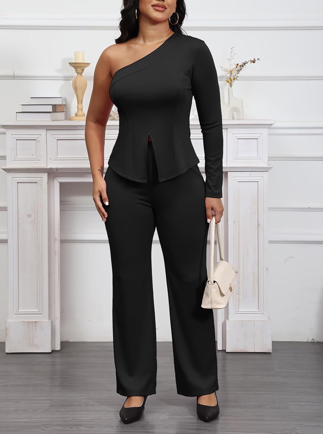 Aro Lora Womens Sexy 2 Piece Outfits One Shoulder Long Sleeve Slit Top and Pant Set Dressy Pantsuits - Image 6