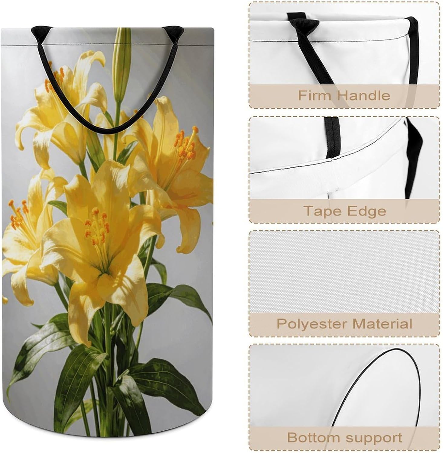 Yellow Lilies Laundry Hamper with Handles Waterproof Collapsible Laundry Basket Large Lightweight Round Dirty Clothes Hamper for Home Dorm Bathroom Decor