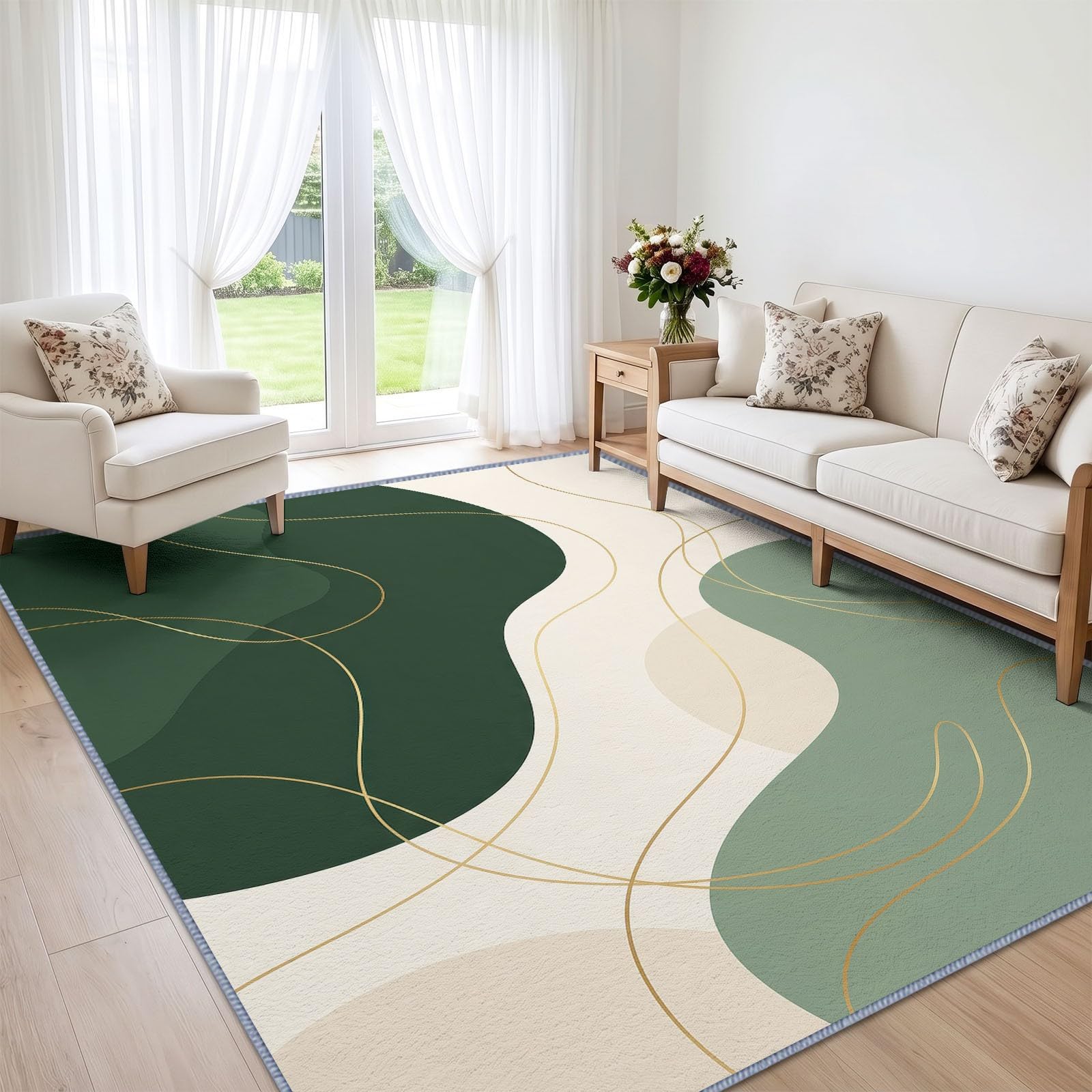 Générique Tapis Vert Sauge Feuille De Lotus pour Salon, Salle à Manger Chambre à Coucher, Tapis à Poil Court Minimaliste Bohème, 160x230 cm