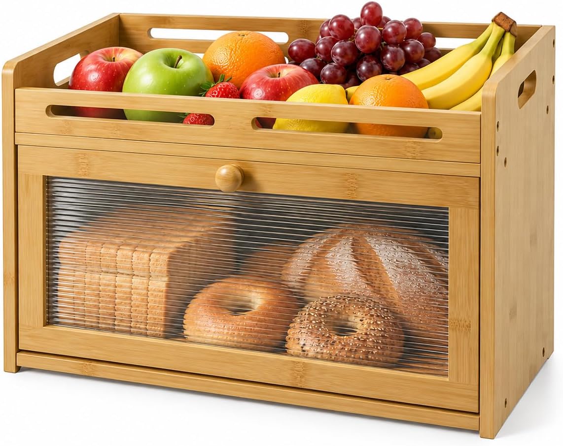 Bread Box for Kitchen Countertop, Bread Storage Container, Natural