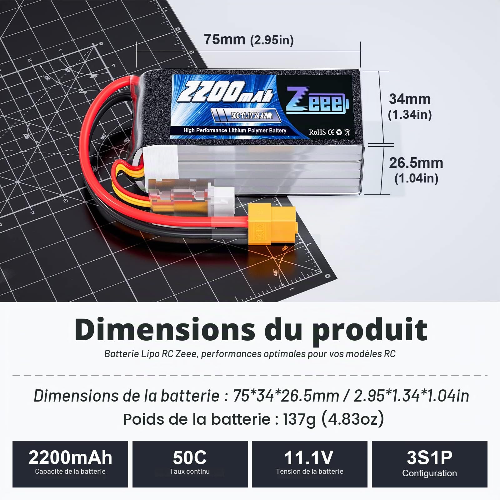 Zeee 3S Lipo Batterie 50C 2200mAh 11.1V XT60 RC Batterie Courte (2 pcs)