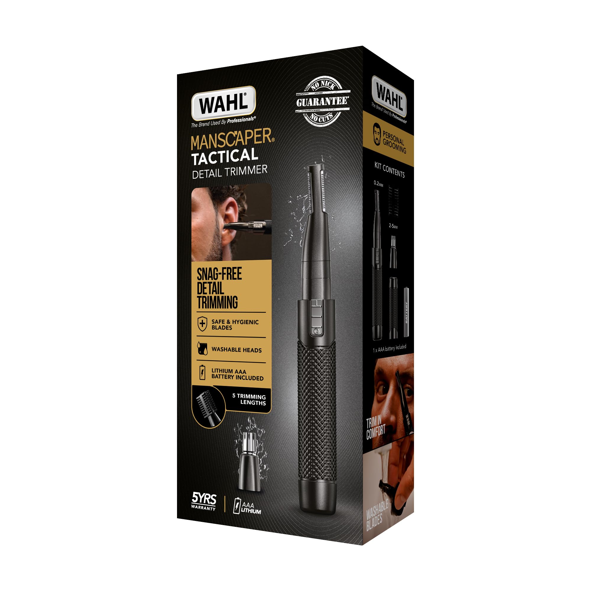 WAHL Manscaper ® Tactical® Dwustronny Trymer 2 w 1 na baterię litową, trymer dla mężczyzn do brwi i usuwania włosów w nosie i uszach, dwustronne ostrze