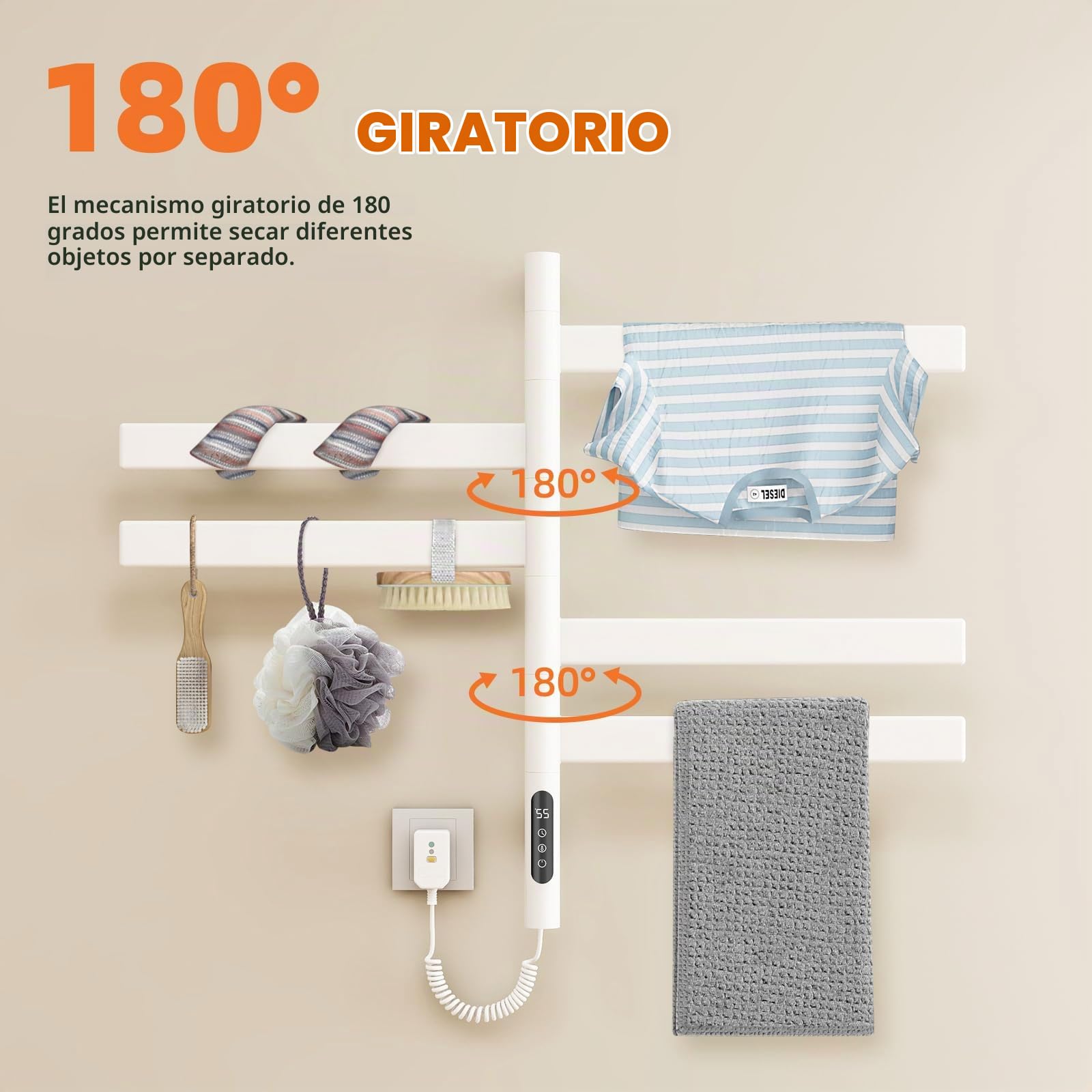 ZOYI Secador de toallas eléctrico para baño con rotación de 180°, calentador de toallas eléctrico, radiador eléctrico para baño, toallero eléctrico, 220V (Blanco, 5 polos)