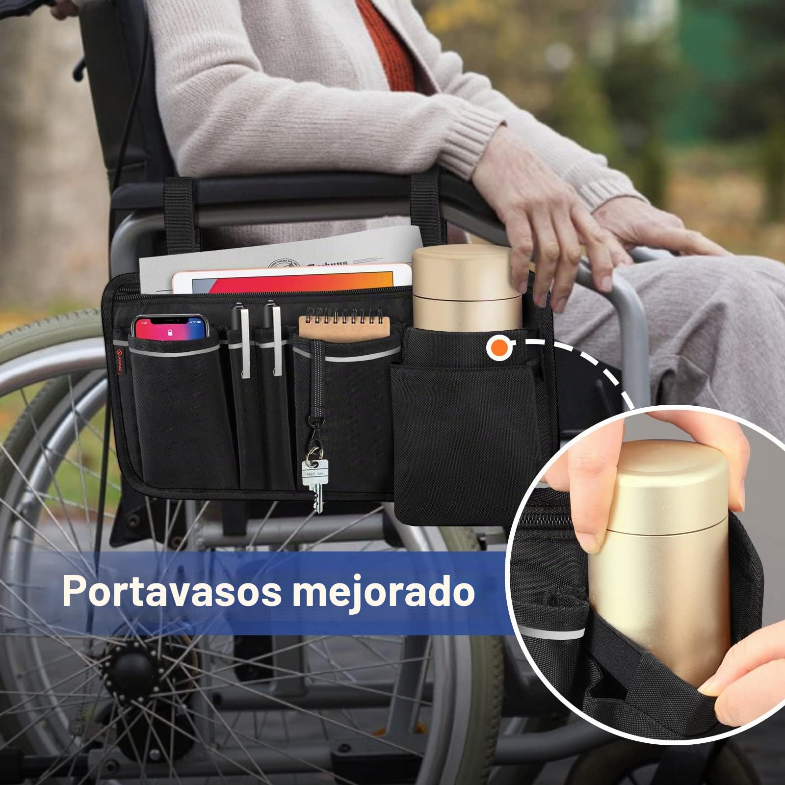 FINPAC Bolsa de Andador con Soporte para Bolígrafo, Plegable Silla de Ruedas Estuche con Tiras Reflectantes, Organizador de Accesorios para Walkers, Mobility Scooters, Rollators, (Negro)