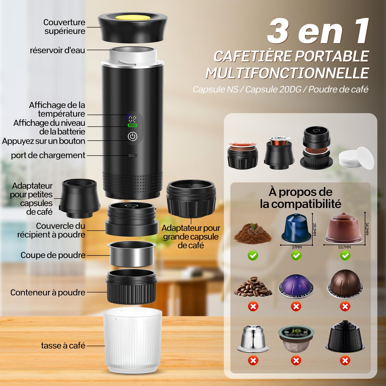 VHV Cafetière Portable 3 en 1,Rechargeable Cafetière Portable de Voyage,12V Expresso Machine a Cafe pour Capsule,Café Moulu,pour Camping,Bureau,Voyage, Maison, Voiture (Noir)