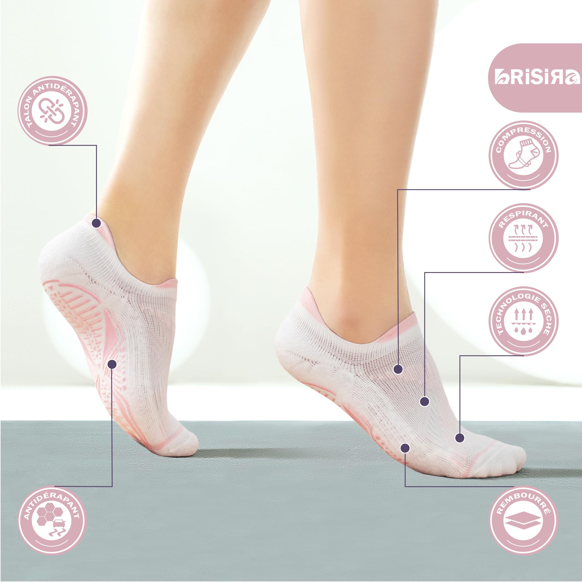 BRISIRA Chaussettes Pilates Coolmax Bambou Semelles Adhérentes Femme, Antidérapantes pour Yoga, Barre, Hôpital ou Pieds Nus avec Compression