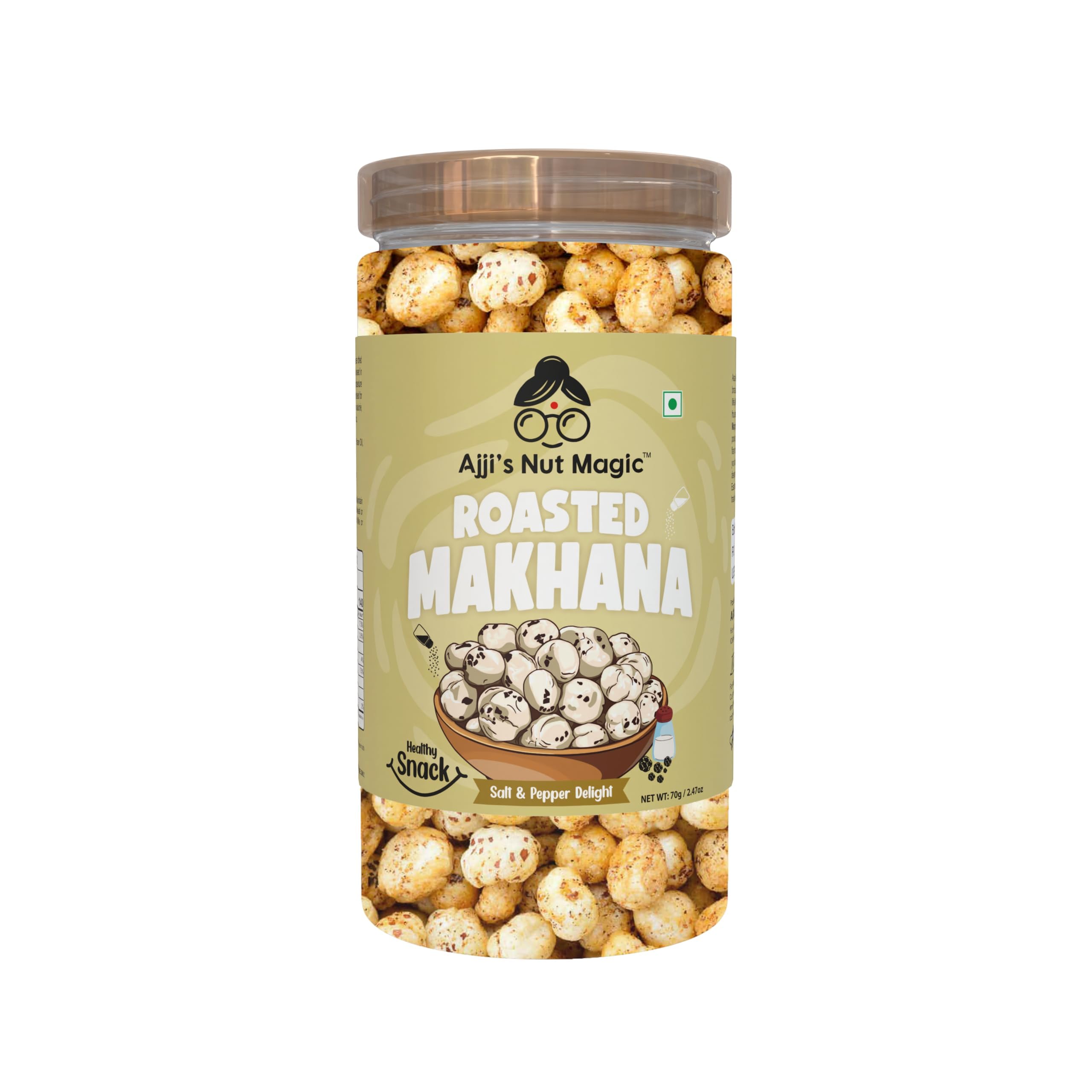 Ajji's Nut Magic Roasted Makhana Salt & Pepper Delight | Flavored Healthy & Crunchy Snacks | Puffed Kernels Fresh Fox Nuts, Ready to Eat | Roasted Flavored Makhana Mix lotus seeds | Savory Snack, Crunchy & Flavorful (Pack of 2)-140g 2