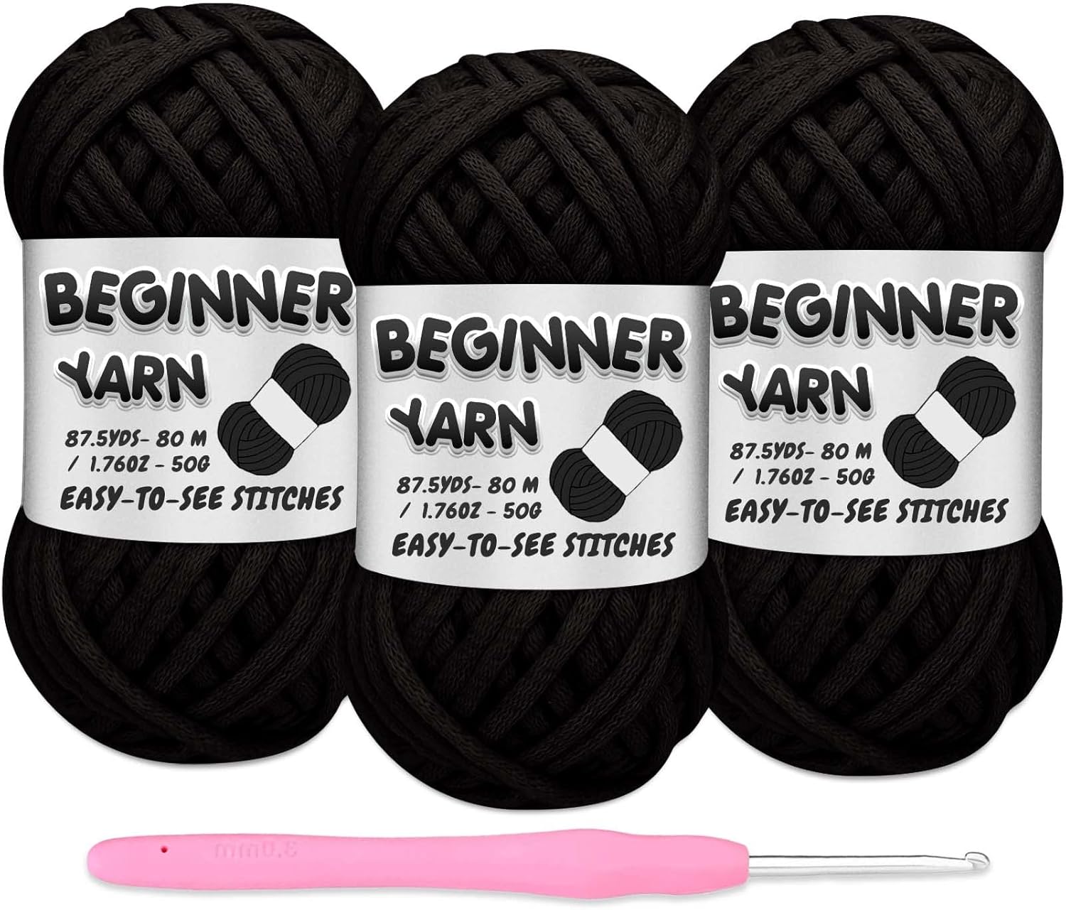 3 Pack Beginners Crochet Yarn, Black Yarn for Crocheting