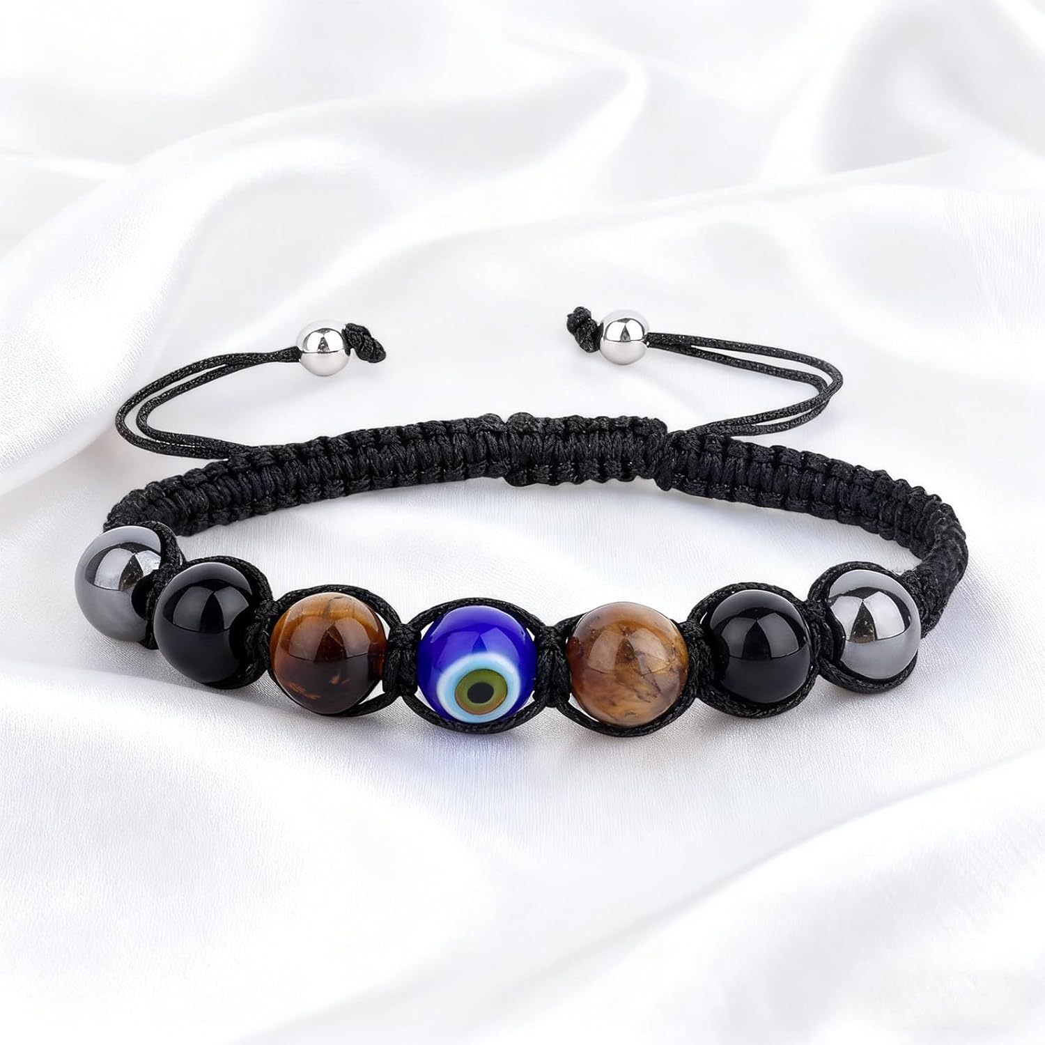 Evil Eye Bracelet, Adjustable Evil Eye Bracelet Ornament Good Luck Fashion Protection Black Tourmaline Stone Beaded Jewelry for Friends Men Women Birthday Trendy Gift - Image 5