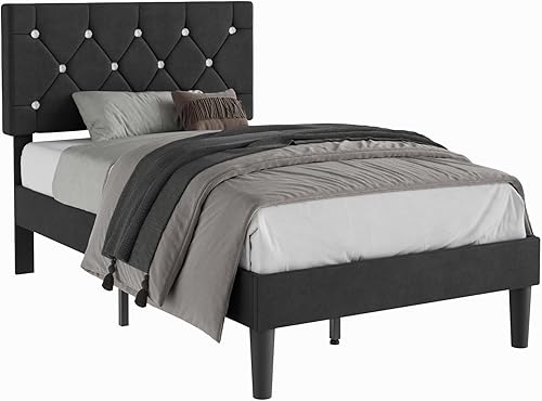 Miniatura 26 de VECELO Base de cama de tamaño individual, plataforma tapizada con cabecera ajustable de diamante, soporte de listones de madera, no necesita somier,