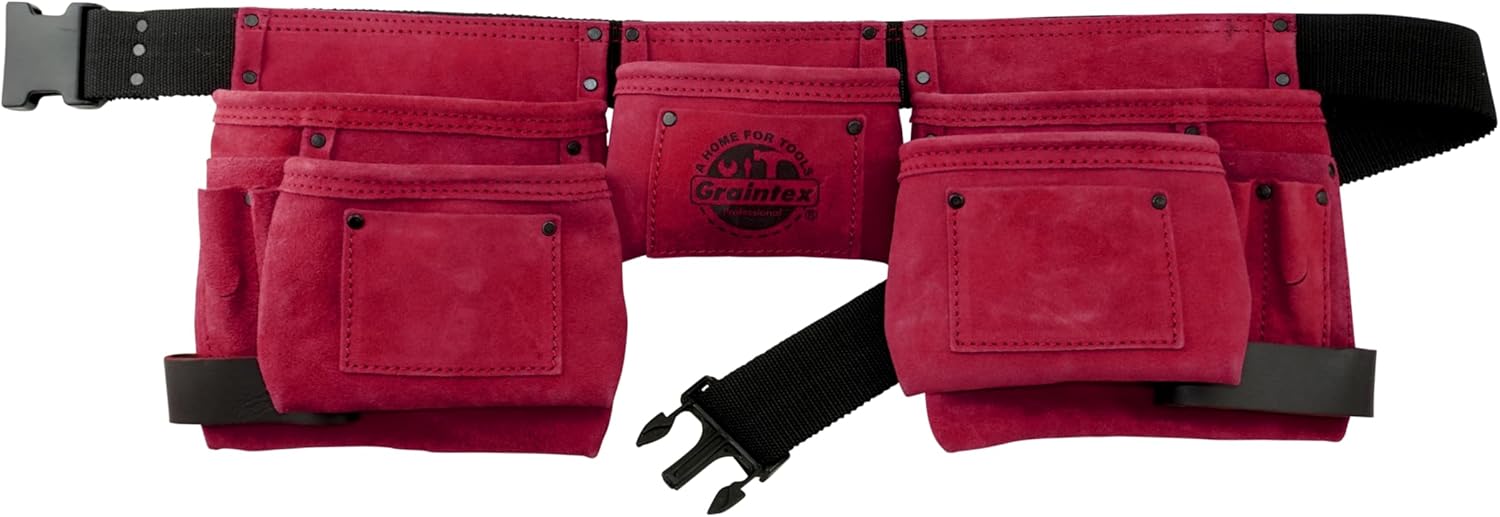 Graintex DS2016 11 Pocket Beige Color Suede Leather Tool Belt/Tool Bag/Work Apron, 2 Hammer Loops, Adjustable Belt | Construction, Carpenter, Roofing, Drywall, Electrician, Gardening, DIY
