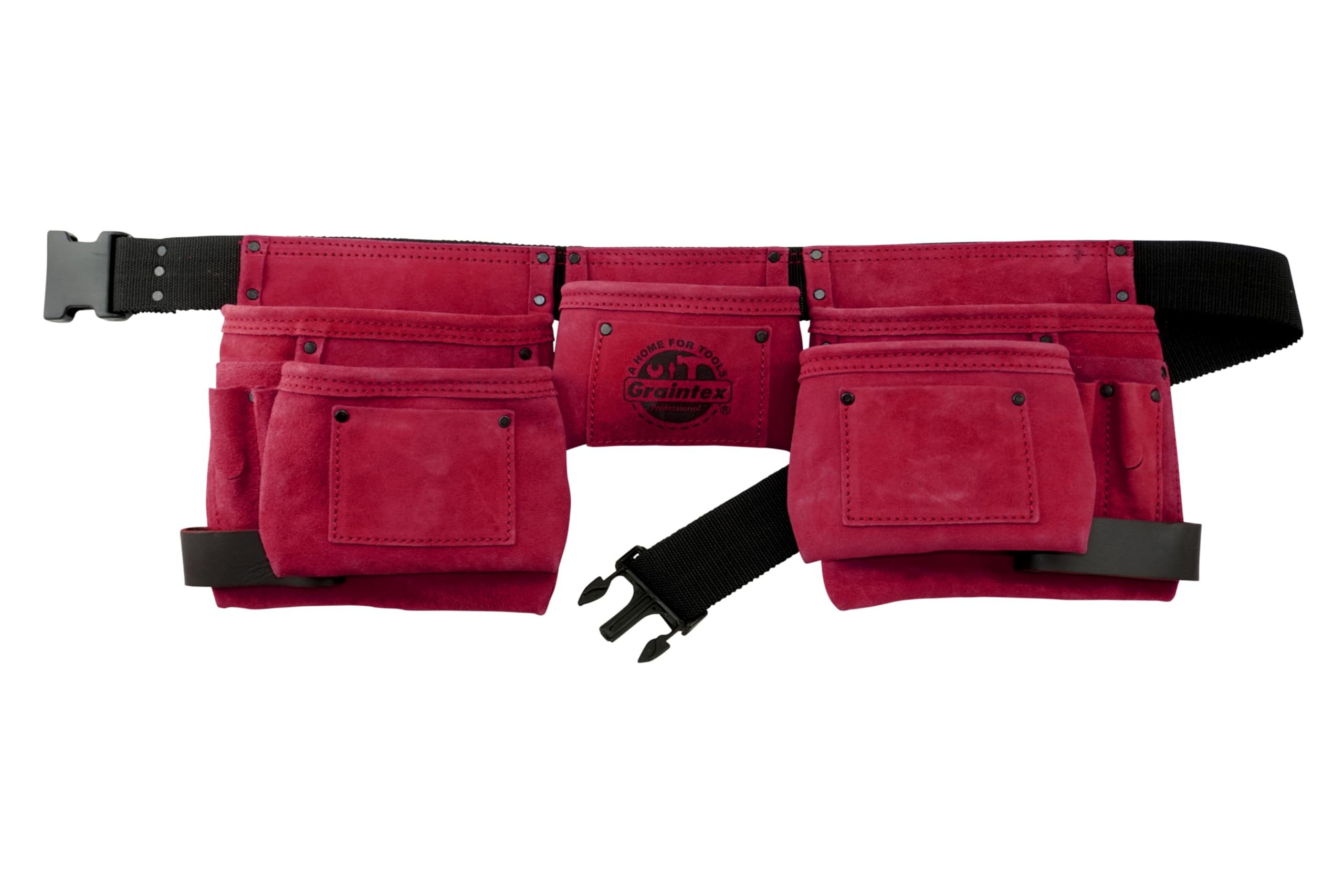 Graintex DS2639 11 Pocket Tool Belt Pink Color Suede Leather with 2” Webbing Belt, 2 Hammer Holders Loops for Constructors, Electricians, Plumbers, Handymen