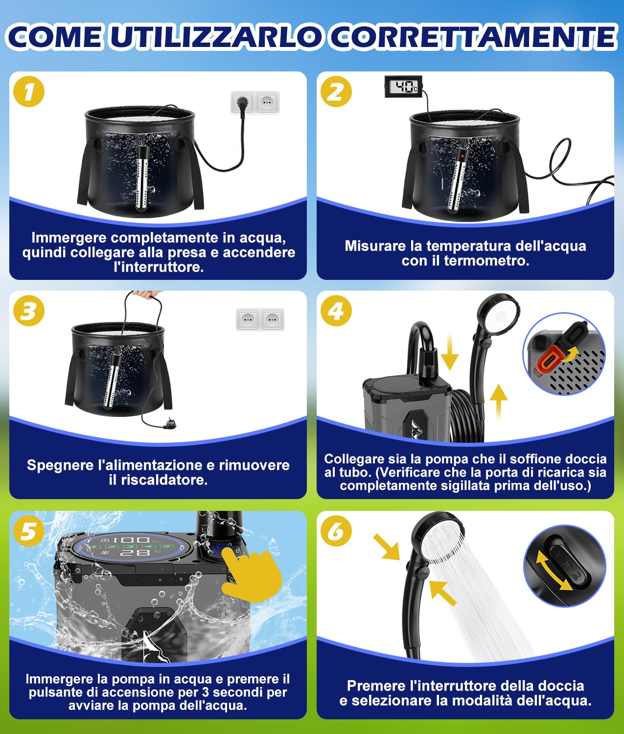 WADEO Doccia Portatile Campeggio con Acqua Calda, Autonomia fino a 10 Giorni, Display LED, Secchio Pieghevole 20L, Doccia Camper Ricaricabile USB, IPX8, per Viaggi, Spiaggia, Cani