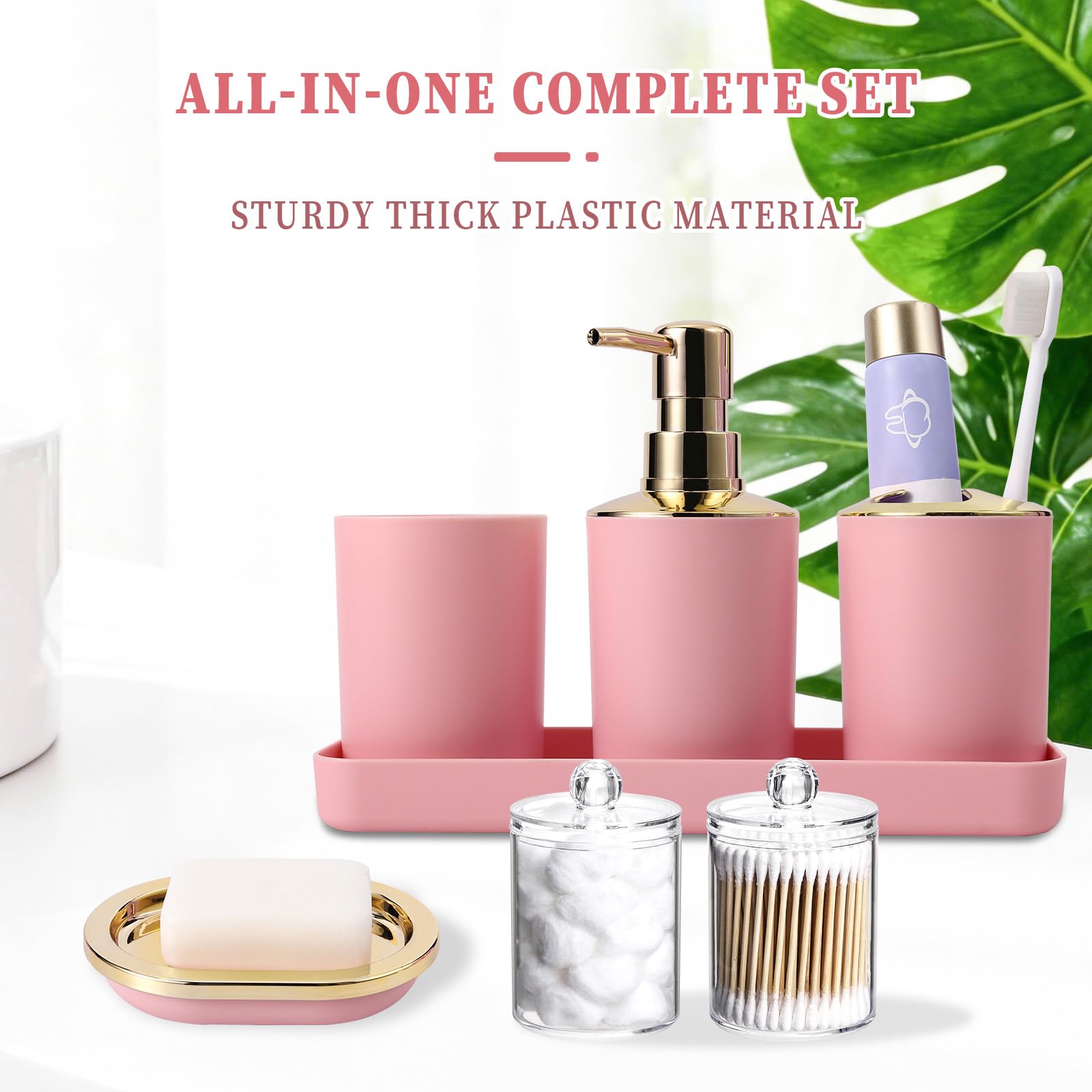 Bad-Zubehör-Set - Luxus Rosa Badezimmer Set, Mülleimer, Toilettenbürste mit Halter, Seifenspender, Zahnbürsten- und Zahnpastenhalter, Becherbecher, Seifenschale, QTIP-Halter, Tablett